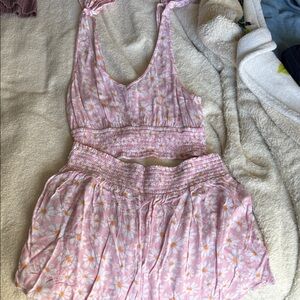 Pink Daisy Print Two-Piece Crop Top + Short Set